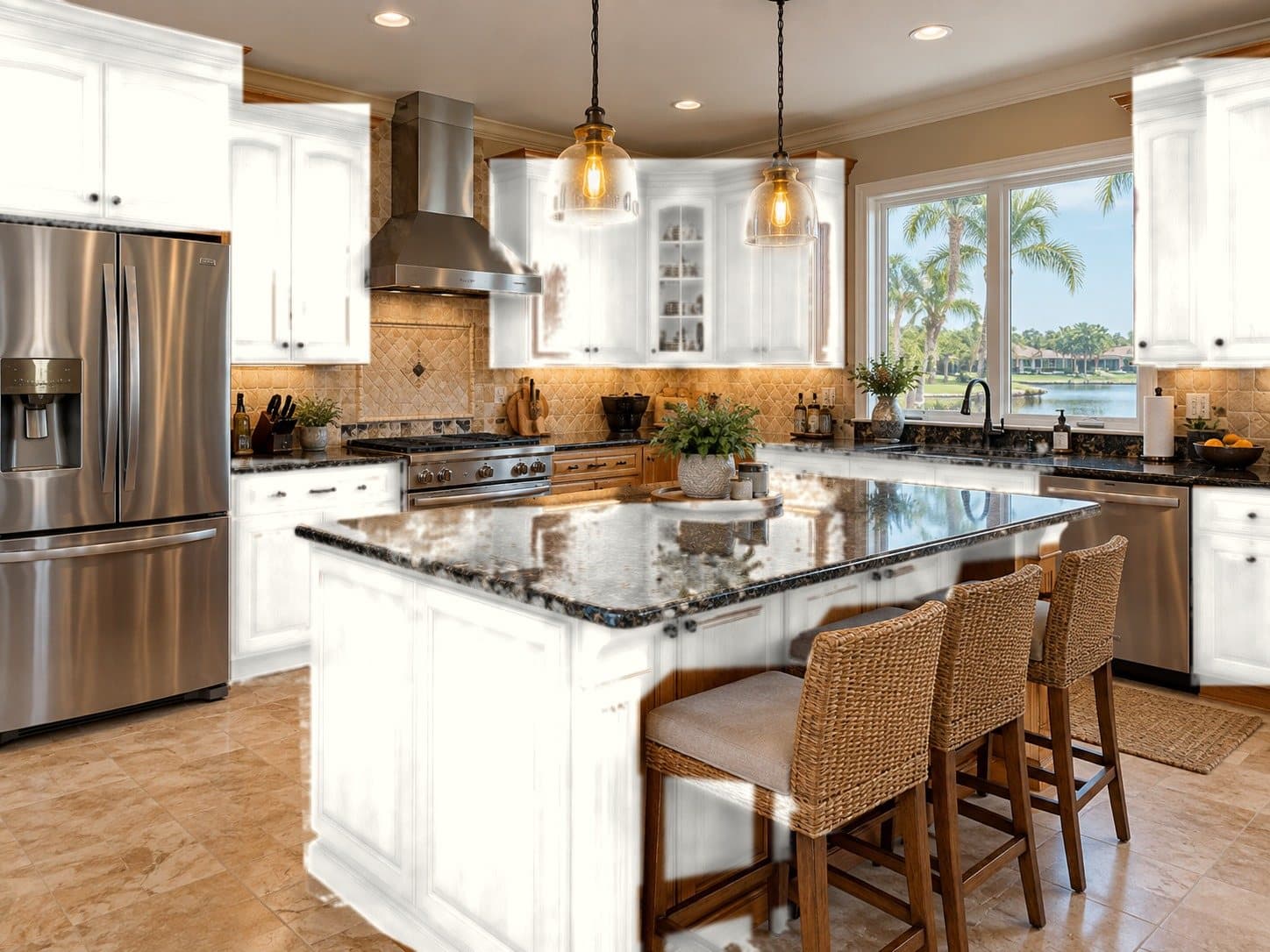 Same kitchen with cabinets painted a soft white