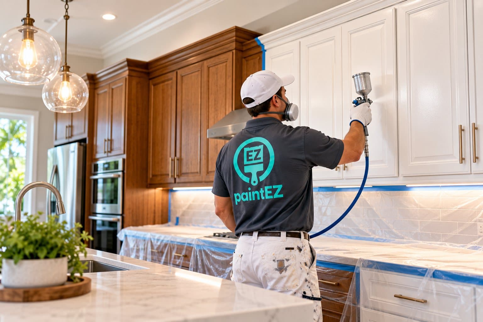 Painter spray-finishing kitchen cabinets white