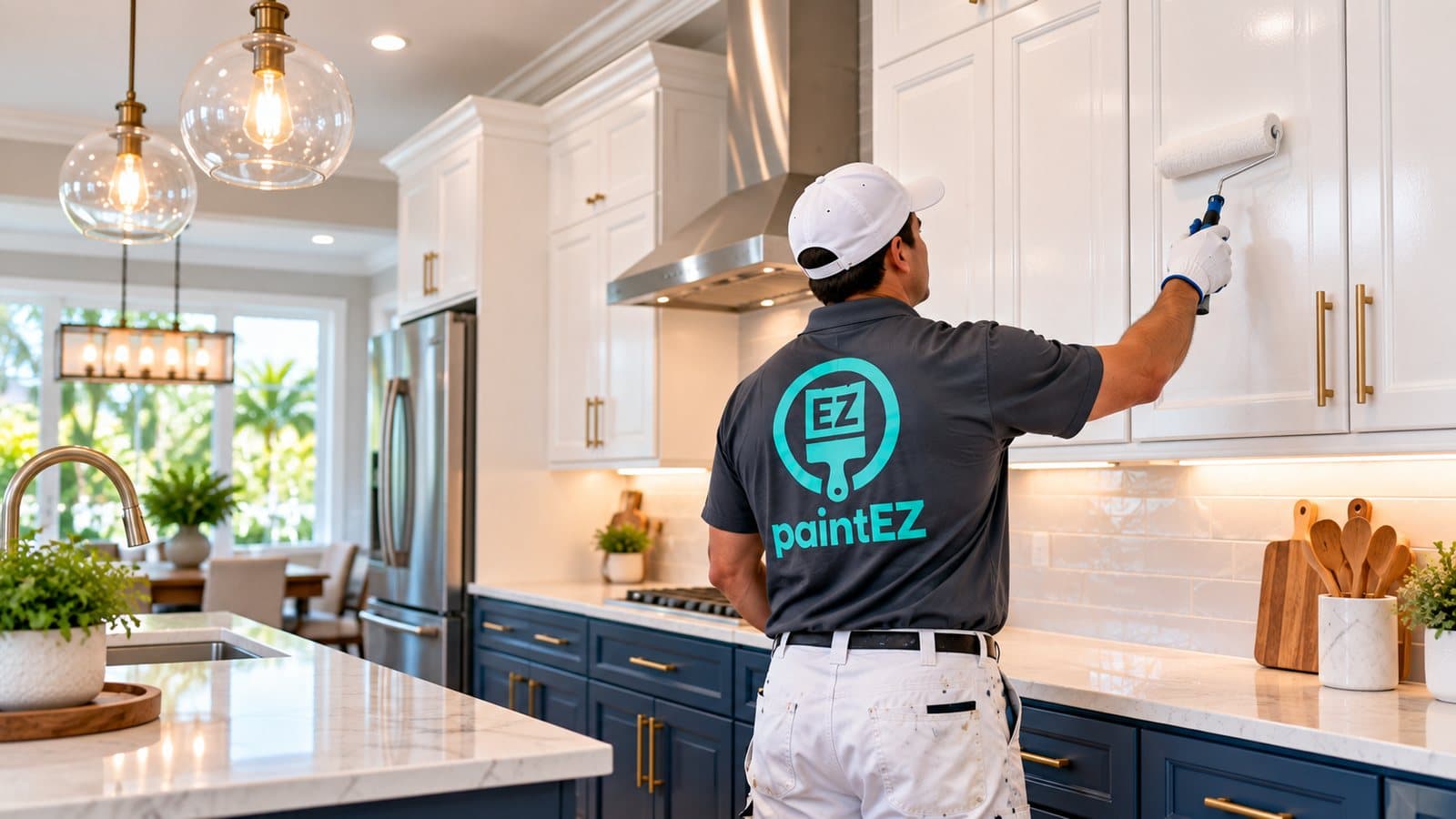 Painter finishing white upper cabinets above navy lowers