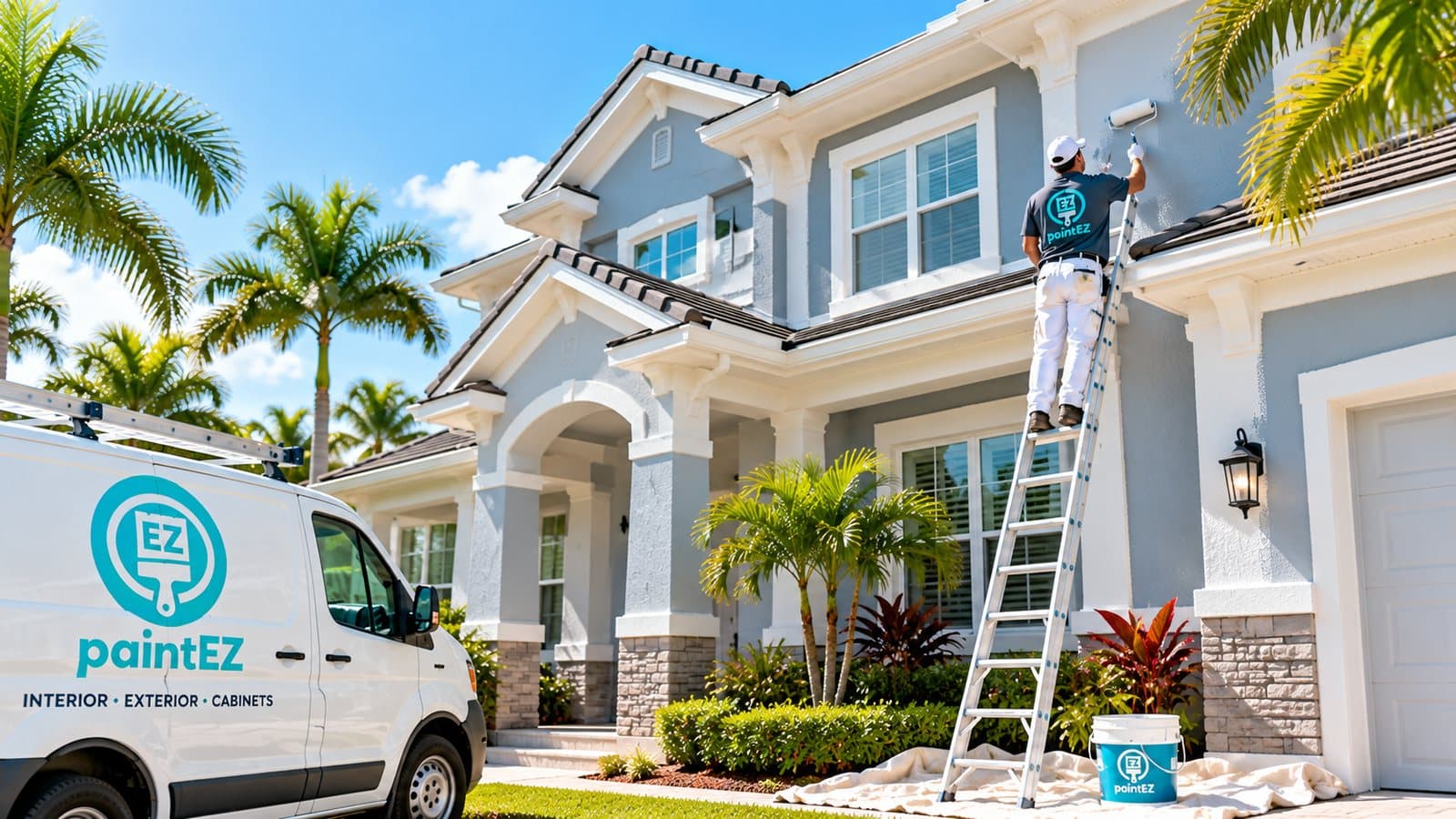 Painter on a ladder painting the exterior of a two-story home