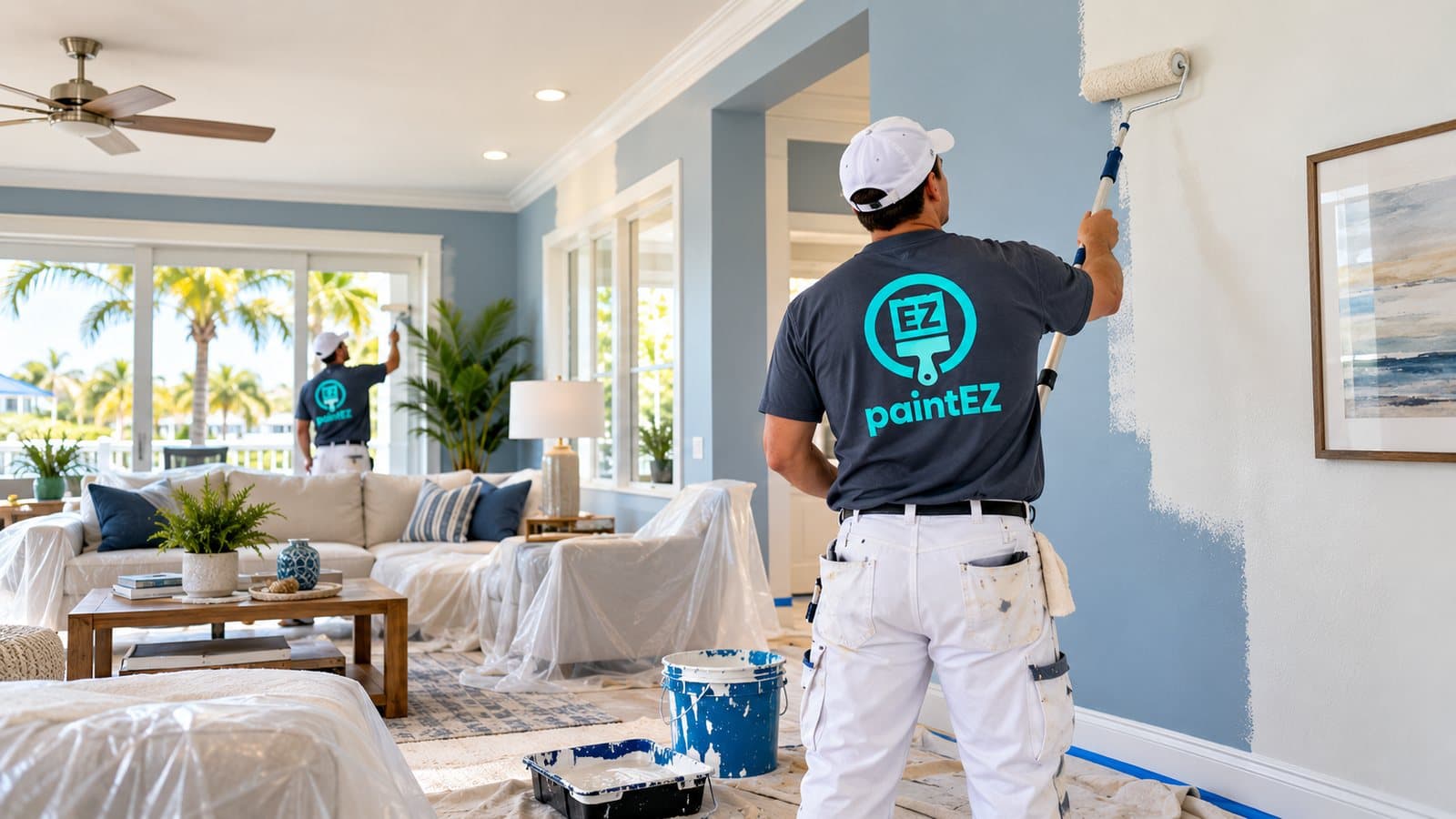 Painters rolling fresh white paint over blue living room walls