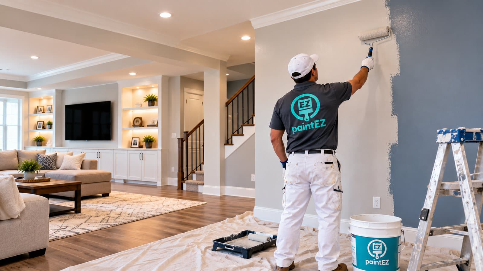 Painter covering a blue accent wall with fresh light paint
