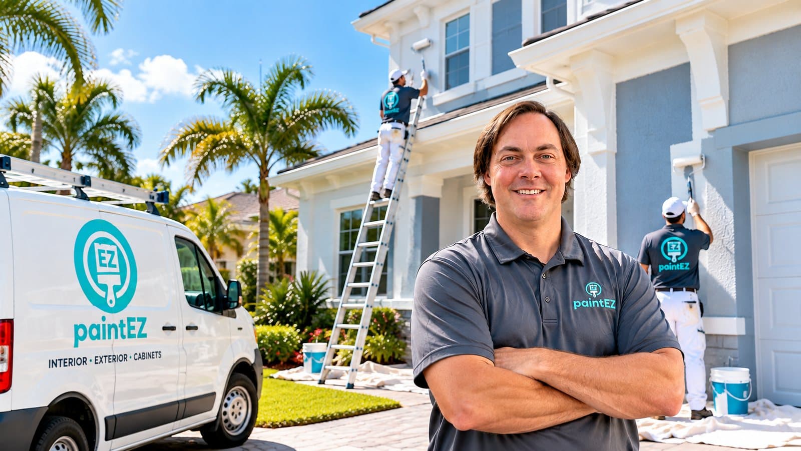 Paint EZ crew painting a home's exterior trim and siding